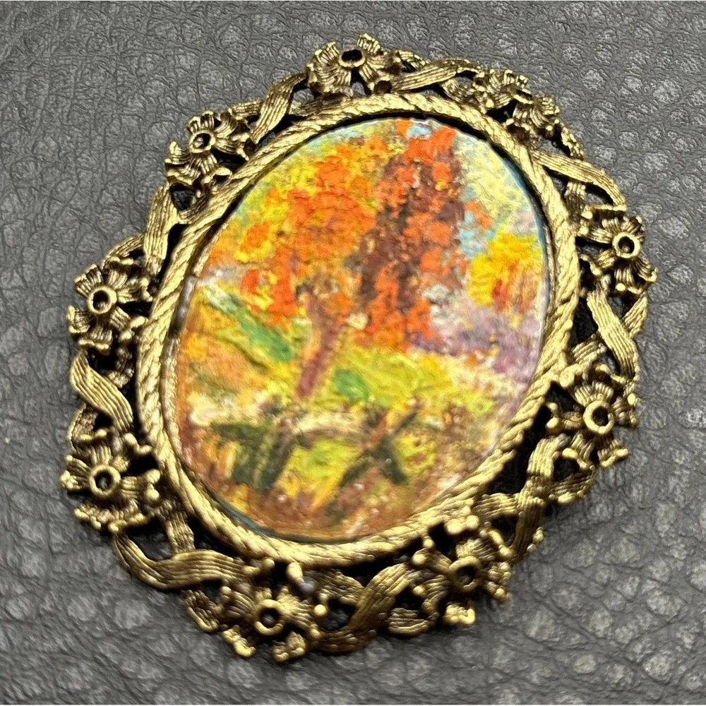 Vintage Ornate Landscape Painting Cameo Victorian Revival Brooch Gold Tone